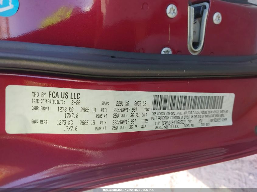 2020 Jeep Cherokee Latitude Fwd VIN: 1C4PJLCB4LD625931 Lot: 43904465