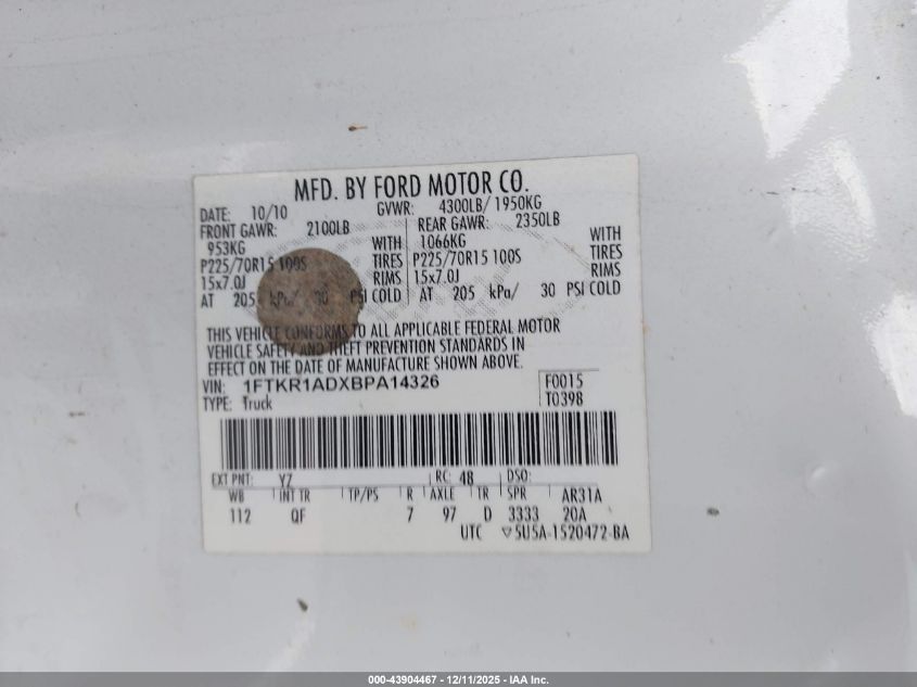 2011 Ford Ranger Xl VIN: 1FTKR1ADXBPA14326 Lot: 43904467