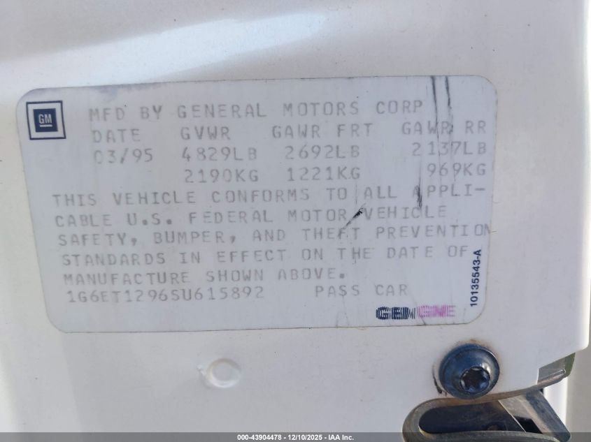 1995 Cadillac Eldorado Touring VIN: 1G6ET1296SU615892 Lot: 43904478