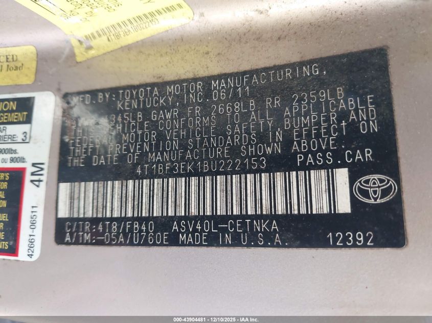 2011 Toyota Camry VIN: 4T1BF3EK1BU222153 Lot: 43904481