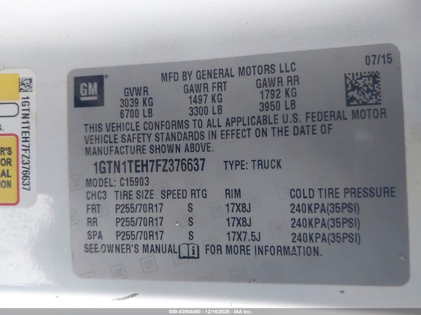 2015 GMC Sierra 1500 VIN: 1GTN1TEH7FZ376637 Lot: 43904490
