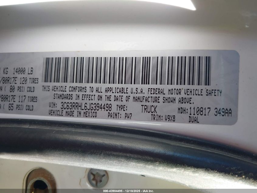 2018 Ram 3500 Slt 4X4 8' Box VIN: 3C63RRHL6JG394498 Lot: 43904495