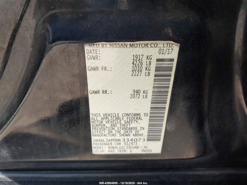 2017 Nissan Altima 2.5 S VIN: 1N4AL3AP0HN334073 Lot: 43904500