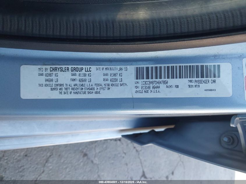 2013 Chrysler 200 Lx VIN: 1C3CCBAB7DN647850 Lot: 43904501