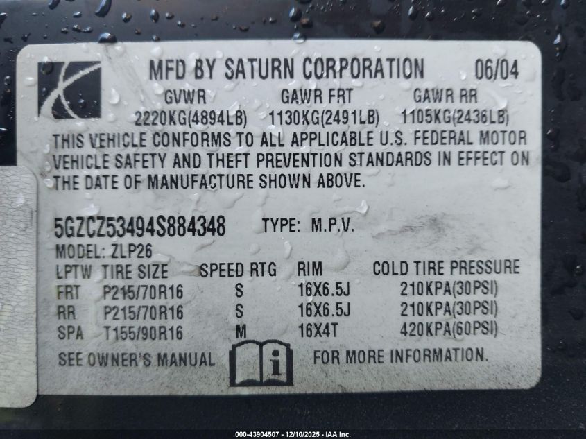 2004 Saturn Vue V6 VIN: 5GZCZ53494S884348 Lot: 43904507