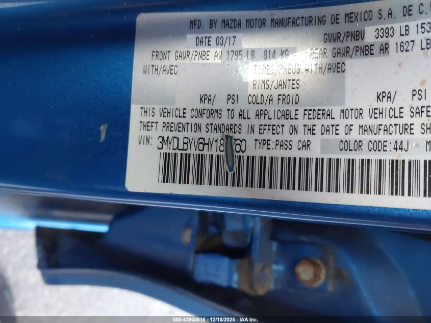 2017 Toyota Yaris Ia VIN: 3MYDLBYV6HY181760 Lot: 43904516