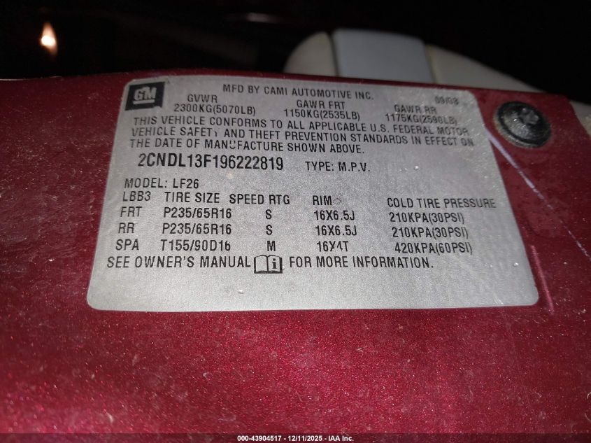 2009 Chevrolet Equinox Ls VIN: 2CNDL13F196222819 Lot: 43904517