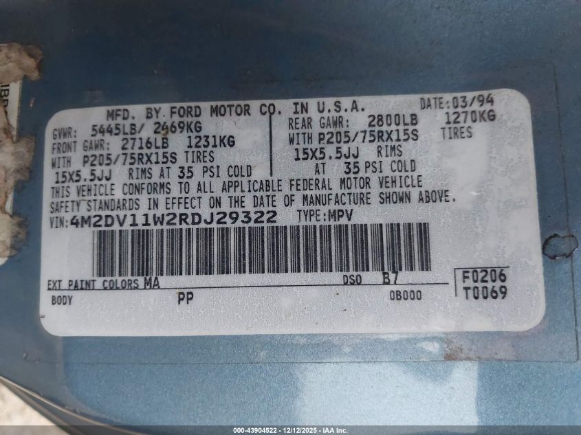 1994 Mercury Villager VIN: 4M2DV11W2RDJ29322 Lot: 43904522