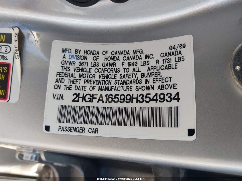 2009 Honda Civic Lx VIN: 2HGFA16599H354934 Lot: 43904545