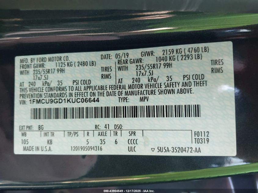 2019 Ford Escape Se VIN: 1FMCU9GD1KUC06644 Lot: 43904549