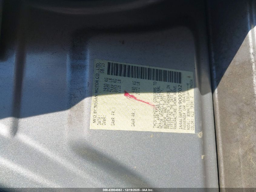 2015 Nissan Altima 2.5 Sl VIN: 1N4AL3AP2FN900702 Lot: 43904562