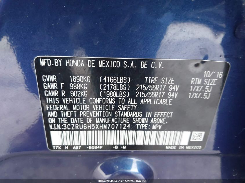 2017 Honda Hr-V Ex VIN: 3CZRU6H5XHM707124 Lot: 43904564