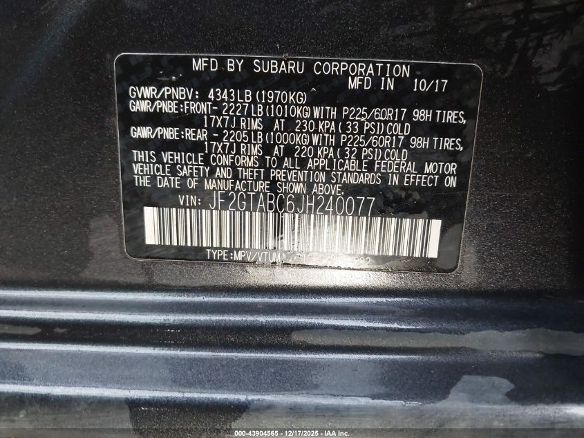 2018 Subaru Crosstrek 2.0I Premium VIN: JF2GTABC6JH240077 Lot: 43904565