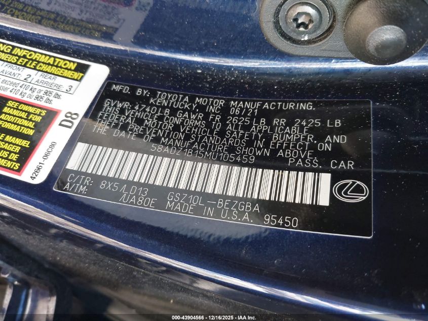 2021 Lexus Es 350 VIN: 58ADZ1B15MU105459 Lot: 43904566