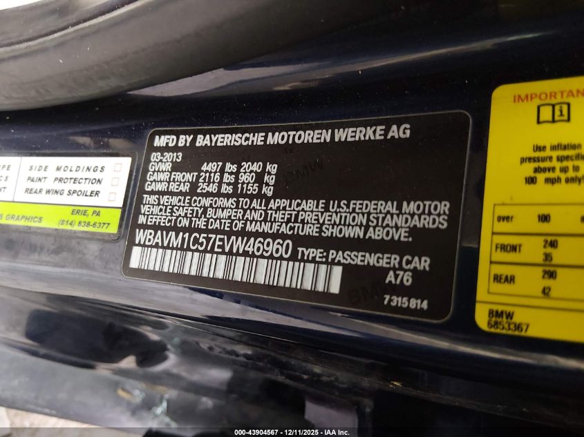 2014 BMW X1 Sdrive28I VIN: WBAVM1C57EVW46960 Lot: 43904567