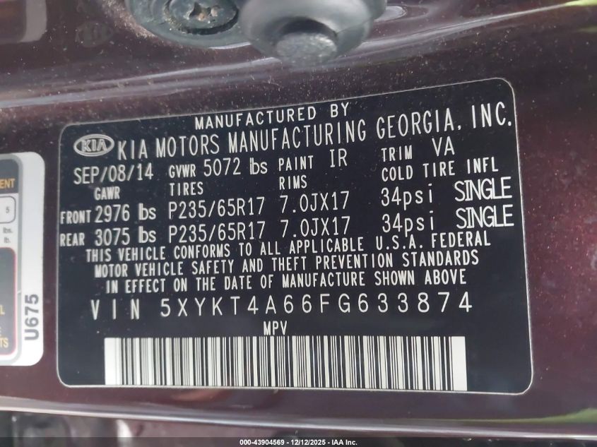 2015 Kia Sorento Lx VIN: 5XYKT4A66FG633874 Lot: 43904569