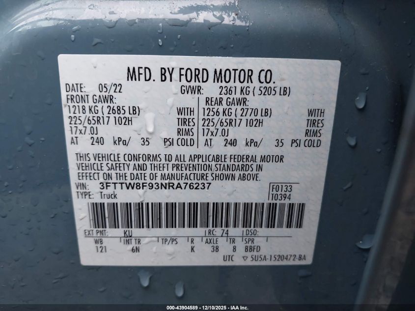 2022 Ford Maverick Lariat VIN: 3FTTW8F93NRA76237 Lot: 43904589