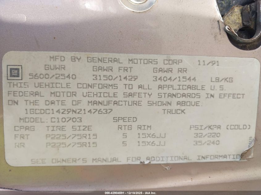 1992 Chevrolet Gmt-400 C1500 VIN: 1GCDC14Z9NZ147637 Lot: 43904591