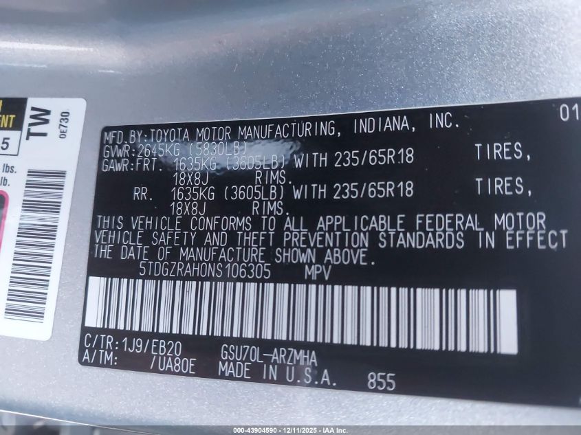 2022 Toyota Highlander Xle VIN: 5TDGZRAH0NS106305 Lot: 43904590