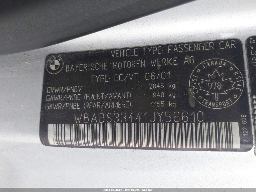 2001 BMW 325Ci VIN: WBABS33441J456610 Lot: 43904612