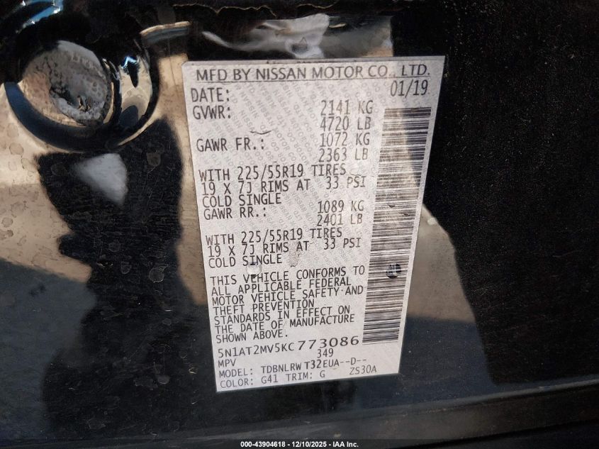 2019 Nissan Rogue Sl VIN: 5N1AT2MV5KC773086 Lot: 43904618