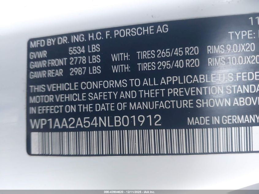 2022 Porsche Macan VIN: WP1AA2A54NLB01912 Lot: 43904620