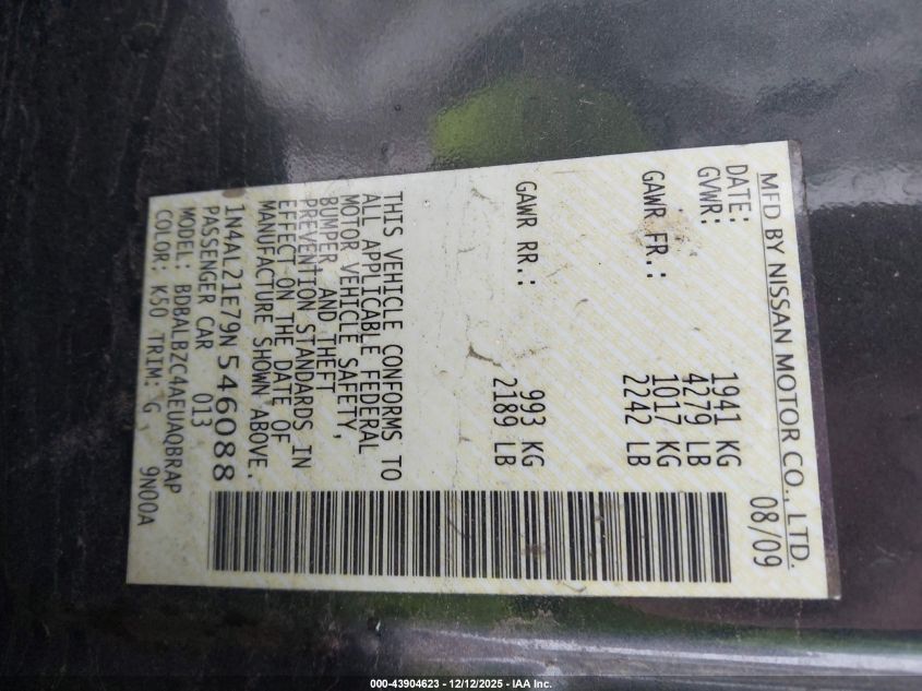 2009 Nissan Altima 2.5 S VIN: 1N4AL21E79N546088 Lot: 43904623