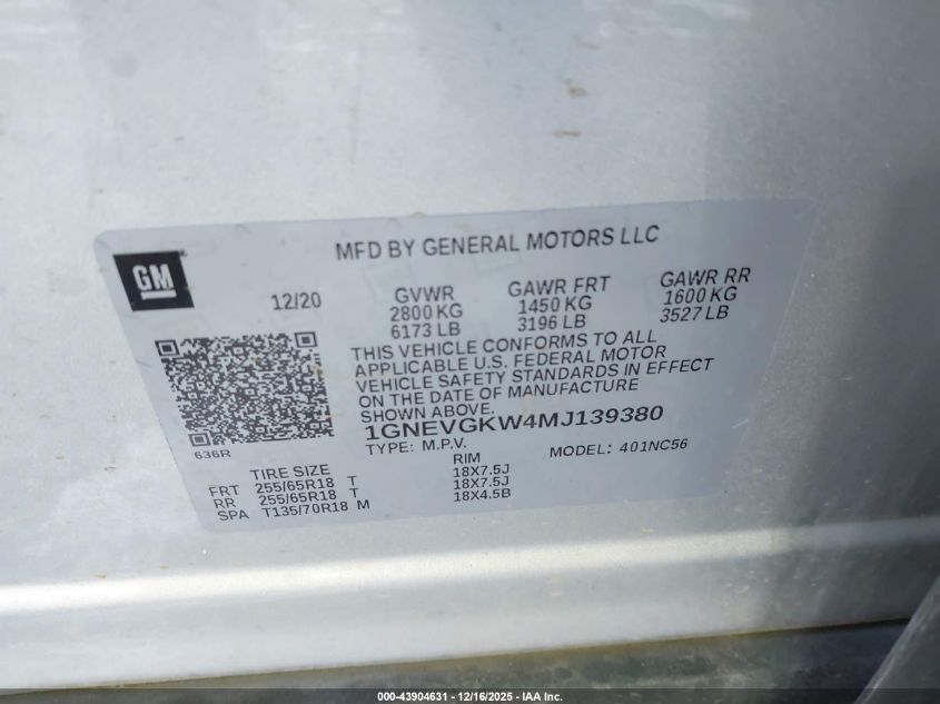 2021 Chevrolet Traverse Awd Lt Cloth VIN: 1GNEVGKW4MJ139380 Lot: 43904631