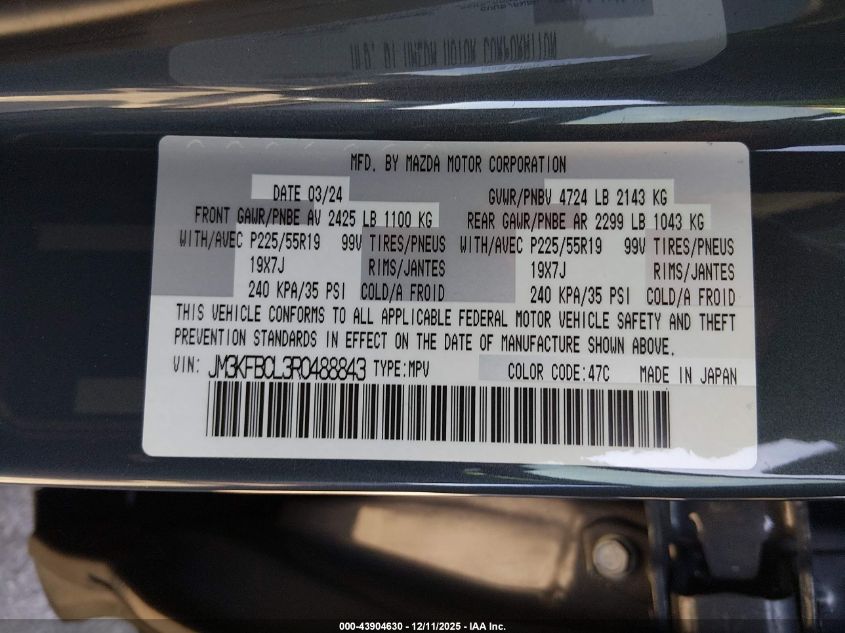 2024 Mazda Cx-5 2.5 S Carbon Edition VIN: JM3KFBCL3R0488843 Lot: 43904630