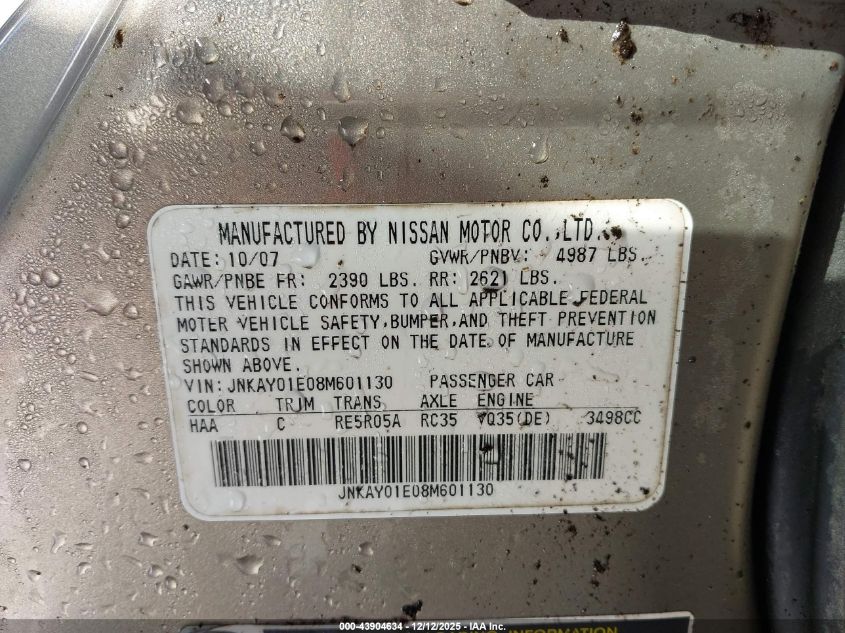 2008 Infiniti M35 VIN: JNKAY01E08M601130 Lot: 43904634