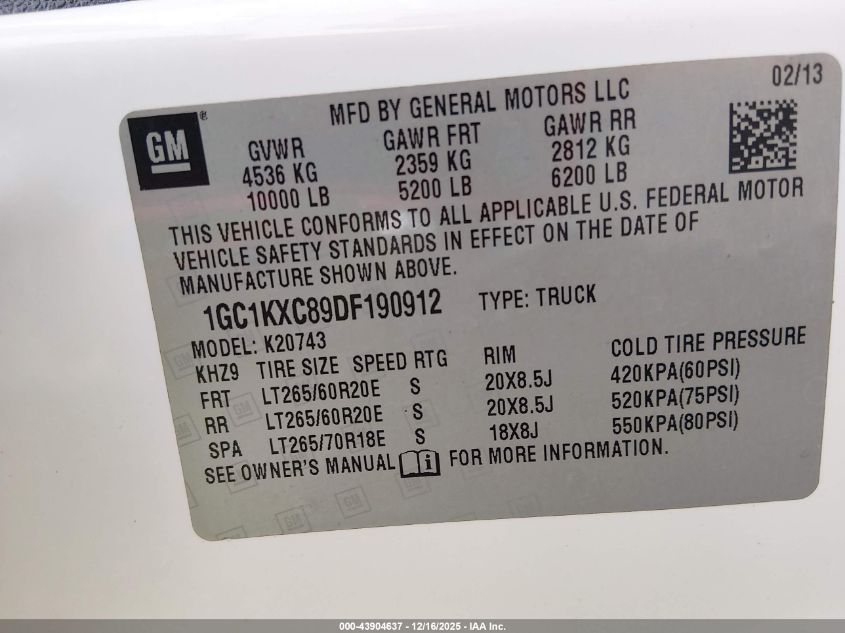 2013 Chevrolet Silverado 2500Hd Lt VIN: 1GC1KXC89DF190912 Lot: 43904637