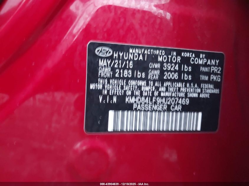 2017 Hyundai Elantra Se VIN: KMHD84LF9HU207469 Lot: 43904639