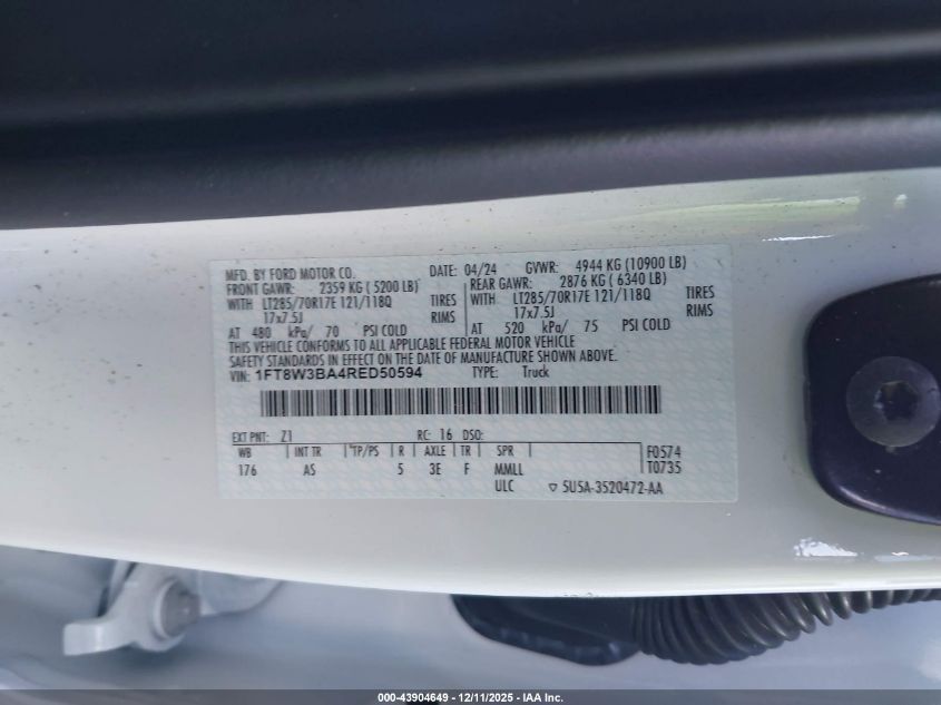 2024 Ford F350 Super Duty VIN: 1FT8W3BA4RED50594 Lot: 43904649