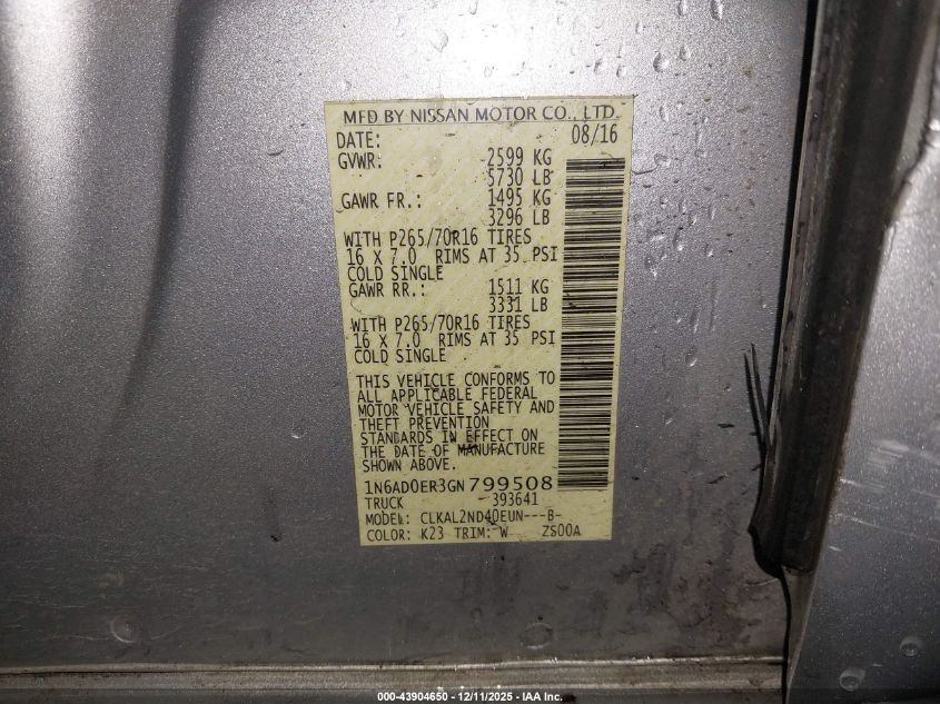2016 Nissan Frontier Desert Runner/S/Sl/Sv VIN: 1N6AD0ER3GN799508 Lot: 43904650