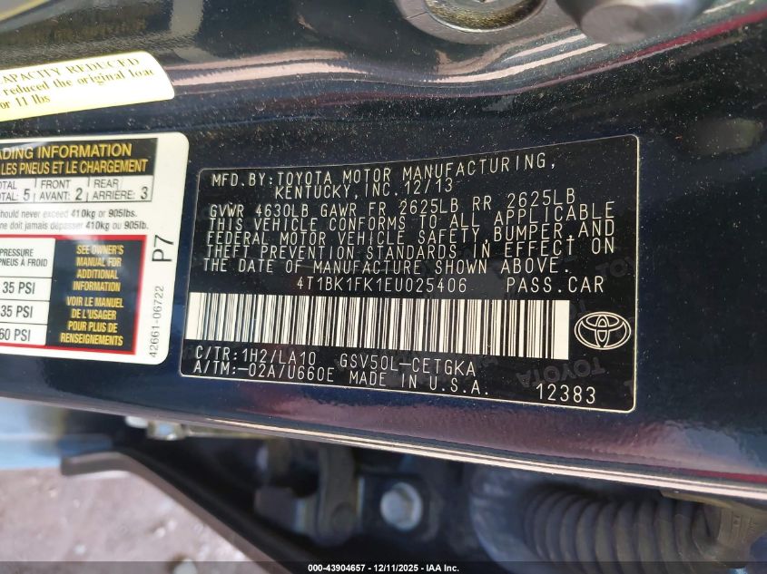 2014 Toyota Camry Xle V6 VIN: 4T1BK1FK1EU025406 Lot: 43904657