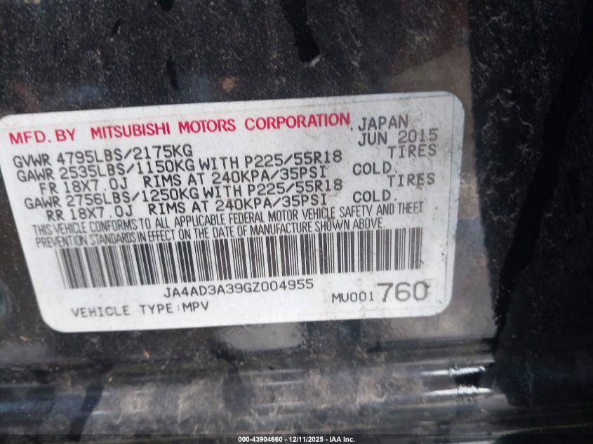 2016 Mitsubishi Outlander Se/Sel VIN: JA4AD3A39GZ004955 Lot: 43904660