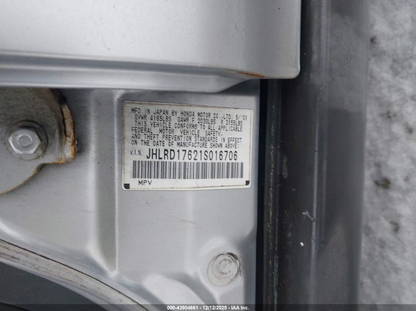 2001 Honda Cr-V Ex VIN: JHLRD17621S016706 Lot: 43904661