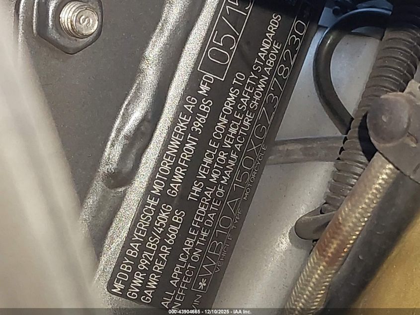 2016 BMW R1200 Rs VIN: WB10A150XGZ378230 Lot: 43904665