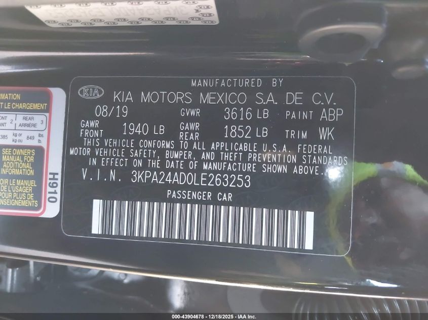 2020 Kia Rio Lx VIN: 3KPA24AD0LE263253 Lot: 43904678