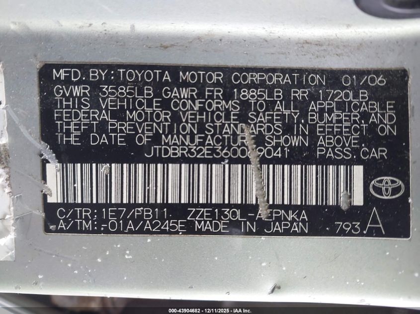 2006 Toyota Corolla Le VIN: JTDBR32E360069041 Lot: 43904682