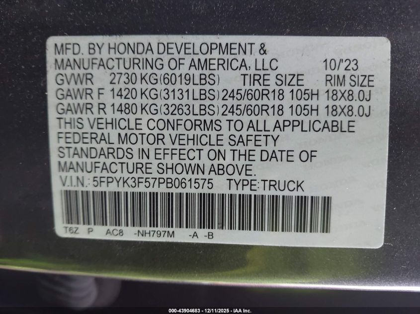 2023 Honda Ridgeline Rtl VIN: 5FPYK3F57PB061575 Lot: 43904683