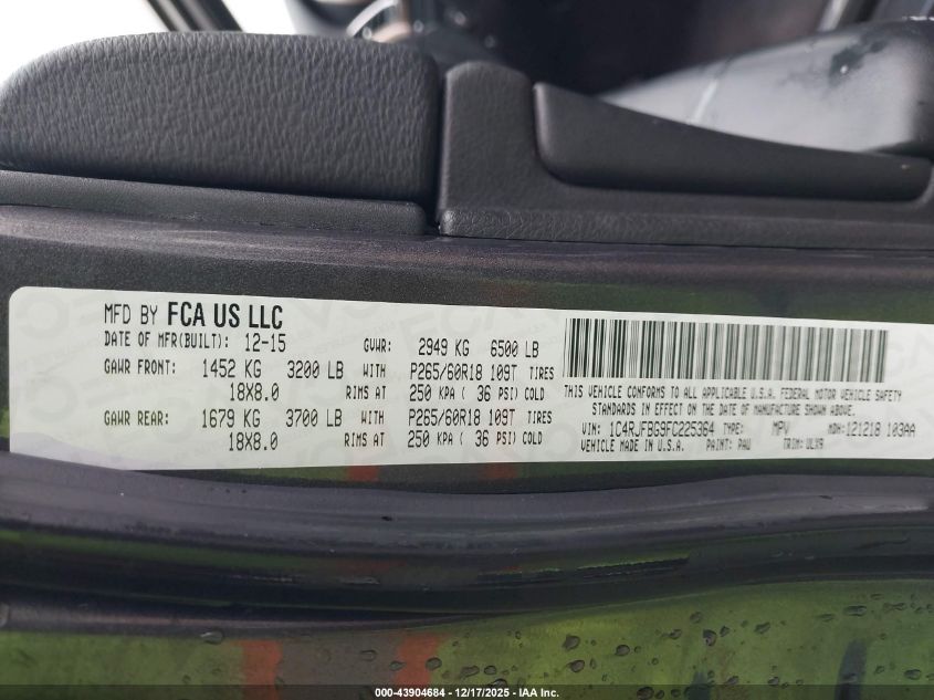2015 Jeep Grand Cherokee Limited VIN: 1C4RJFBG9FC225364 Lot: 43904684