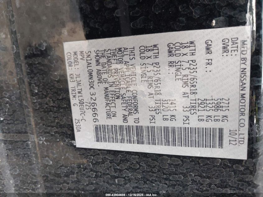 2013 Infiniti Jx35 VIN: 5N1AL0MN3DC326666 Lot: 43904686