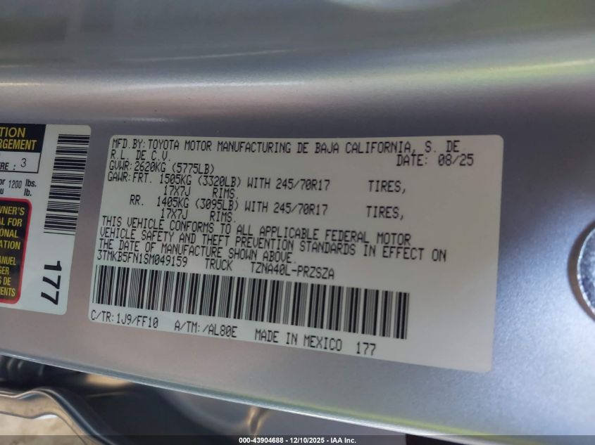 2025 Toyota Tacoma Sr5 VIN: 3TMKB5FN1SM049159 Lot: 43904688