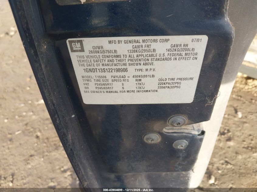 2002 Chevrolet Trailblazer Ltz VIN: 1GNDT13S122198906 Lot: 43904699