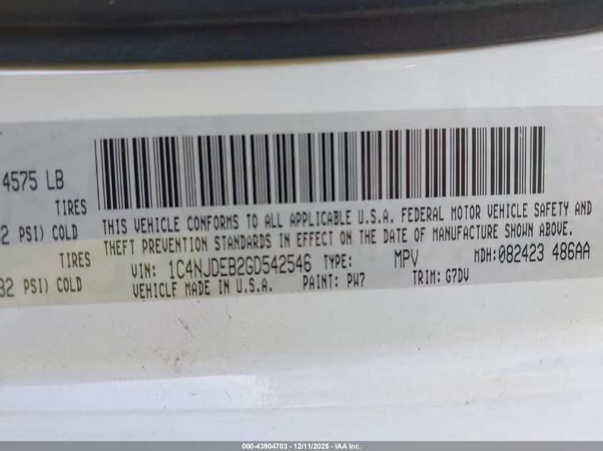 2016 Jeep Compass Latitude VIN: 1C4NJDEB2GD542546 Lot: 43904703