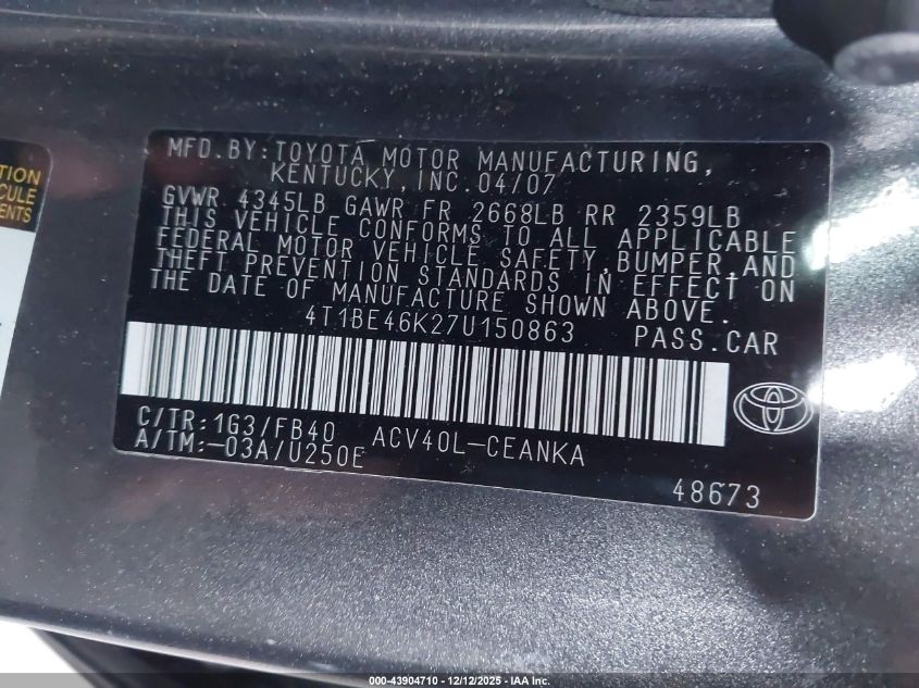 2007 Toyota Camry Le VIN: 4T1BE46K27U150863 Lot: 43904710