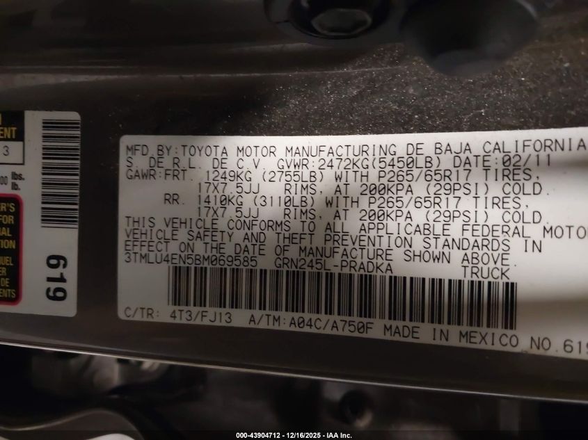 2011 Toyota Tacoma Base V6 VIN: 3TMLU4EN5BM069585 Lot: 43904712