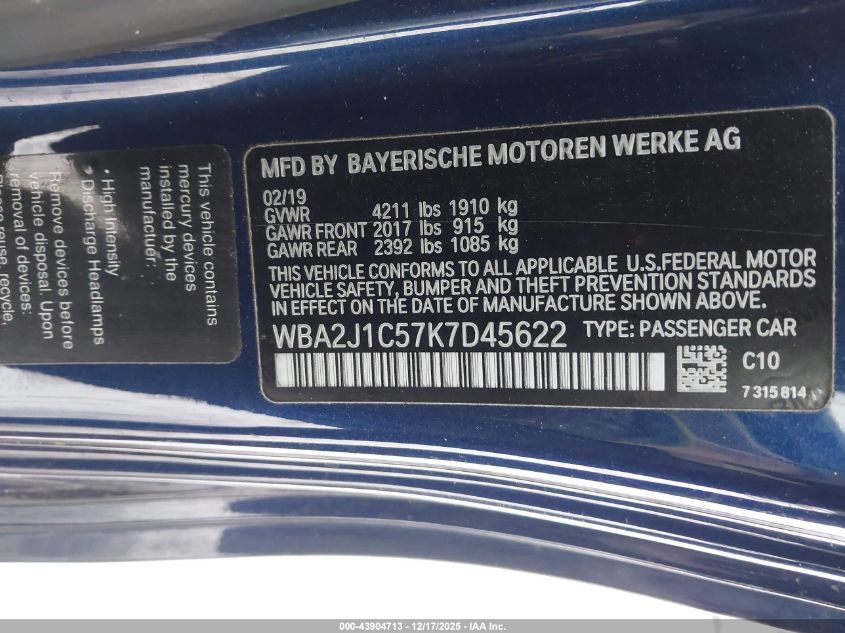 2019 BMW 230I VIN: WBA2J1C57K7D45622 Lot: 43904713