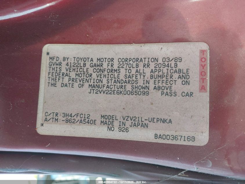 1989 Toyota Camry Le VIN: JT2VV22E6K0065099 Lot: 43904722